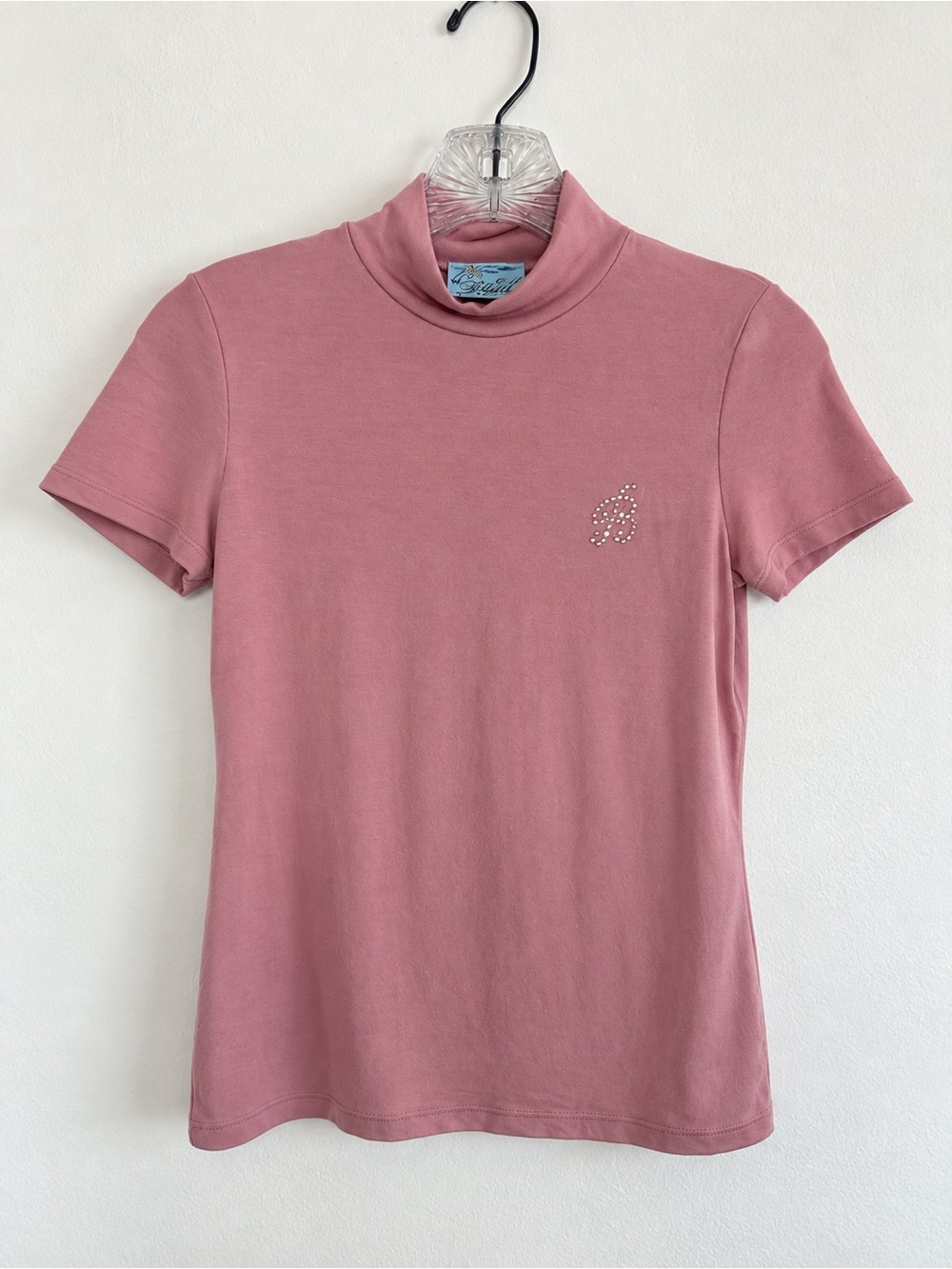 Miss Blumarine Pink Rhinestone Logo Mock Neck Short Sleeve Top Y2K